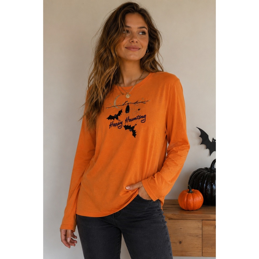 Halloween Orange Embroidered Sequin Cotton Tee Top XL Y2K Deadstock Spooky Cute